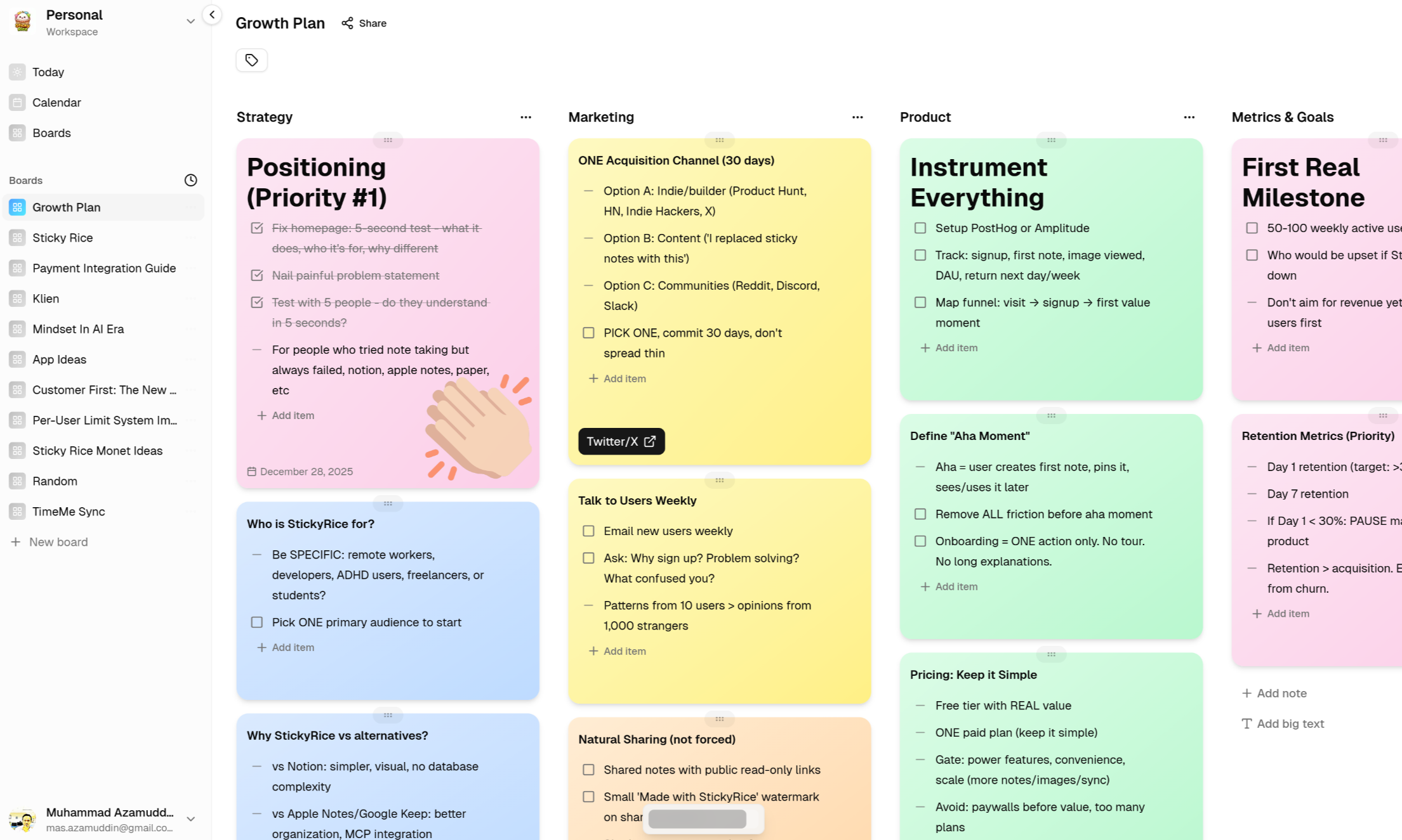 Sticky Rice app - Board with sticky notes